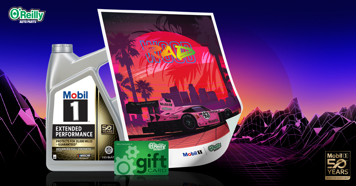 A bottle of Mobil 1 motor oil, OReilly gift card, and RADwood poster sit in front of a purple polygonal mountain range and neon gradient sunset.
