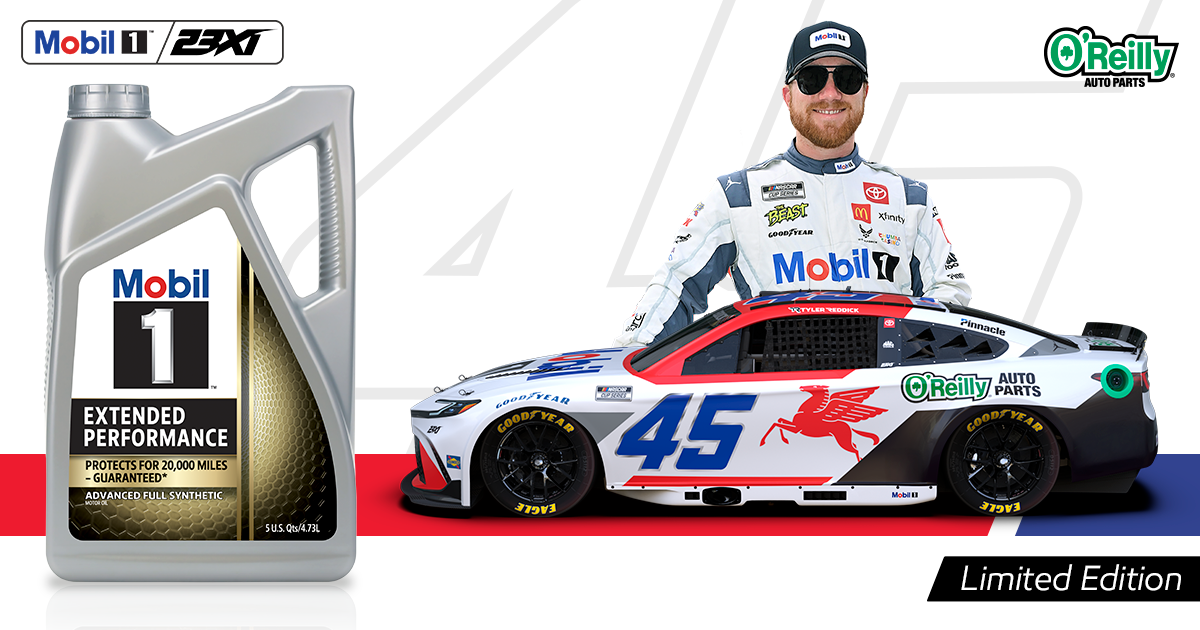 Tyler Reddick is seen behind his #45 car, a white Toyota Camry with blue numbering and a red Pegasus logo, with a superimposed bottle of Mobil 1 Extended Performance motor oil to the left-hand side.