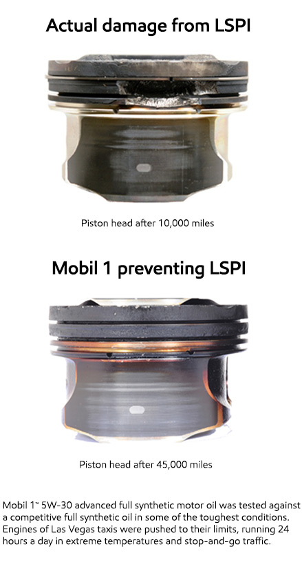 Piston head damaged by LSPI and one without damage Piston head damaged by LSPI and one without damage