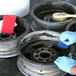 Cleaning aluminium wheels with powerful degreaser and heavy duty scouring pads