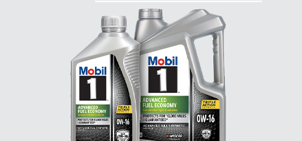 Mobil 1™ motor oils advanced fuel economy, green Triple Action Formula label.
