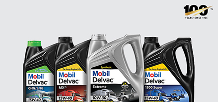 Line of Mobil Delvac products with 100th anniversary logo