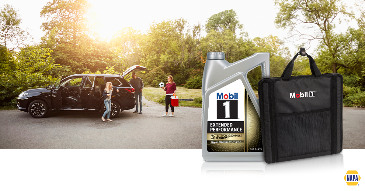 A family loads their car to attend a soccer game. A Mobil 1™ motor oil bottle and Mobil 1 branded stadium seat appear superimposed over the image.