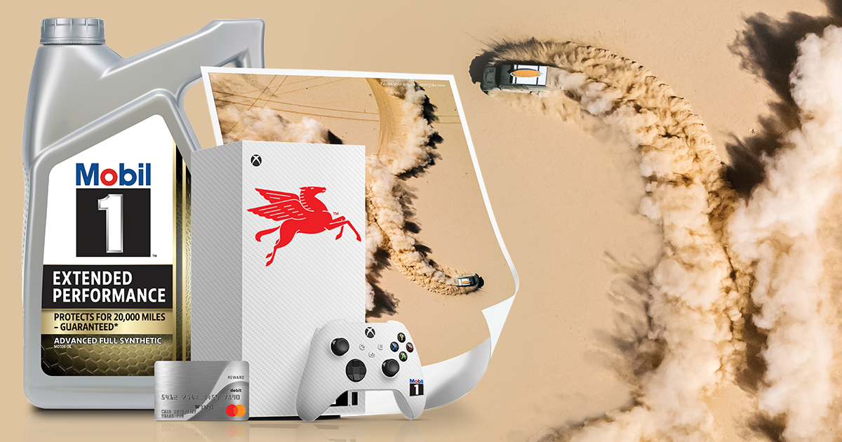 A car, seen from above, doing donuts sand in the desert with a cloud of sand kicked up behind it. Mobil 1™ motor oil and prizes are superimposed over the image.
