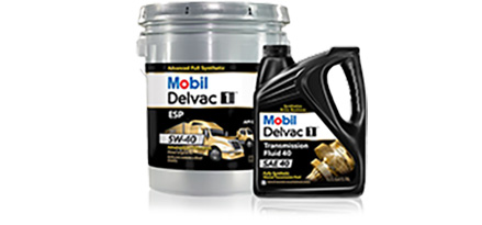 Bucket and jug of Mobil Delvac 1 on white background 