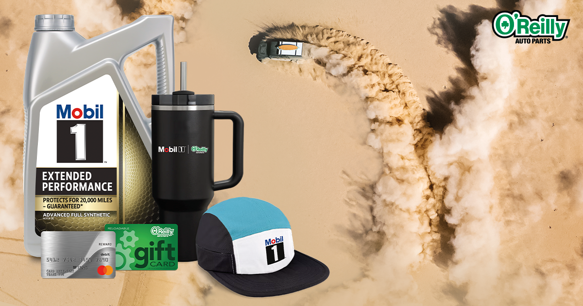 A car, seen from above, doing donuts in the desert with a cloud of sand kicked up behind it. Mobil 1™ motor oil and prizes are superimposed over the image.