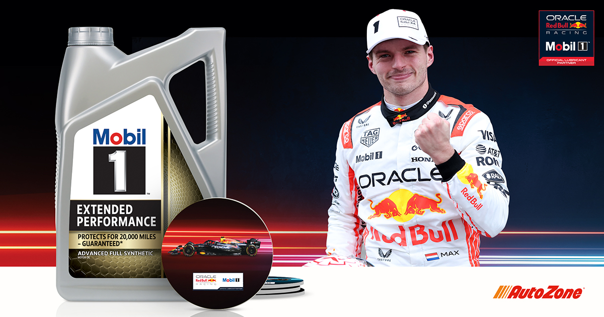Racer, Max Verstappen, next to large motor oil bottle and coaster in front of graphic image.