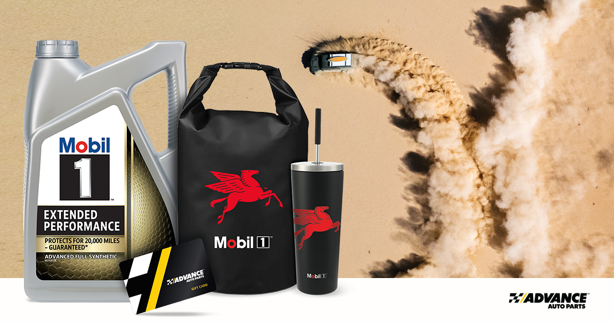 A car, seen from above, doing donuts sand in the desert with a cloud of sand kicked up behind it. Mobil 1™ motor oil and prizes are superimposed over the image.