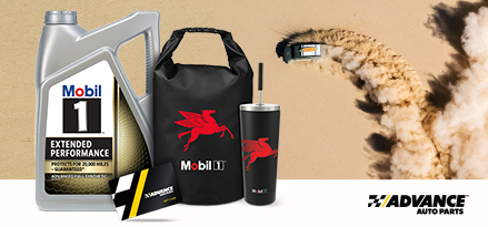 A car, seen from above, doing donuts sand in the desert with a cloud of sand kicked up behind it. Mobil 1™ motor oil and prizes are superimposed over the image.