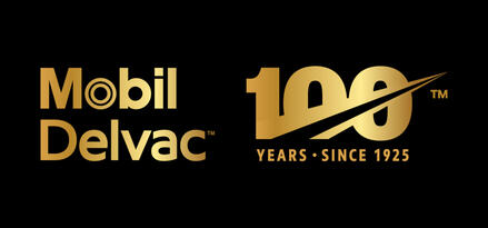 Gold Mobil Delvac logo alongside a gold ‘100 years since 1925’ anniversary emblem on a black background