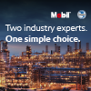 Mobil banner showing an illuminated industrial facility at night with a city skyline in the background and the message “Two industry experts. One simple choice.”