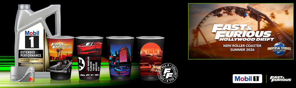 A bottle of Mobil 1 motor oil, 4 Fast & Furious branded cups, and a silver gift card are seen locked up over a green and orange blur graphic. A roller coaster image sits to the right