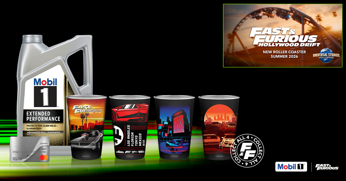 A bottle of Mobil 1 motor oil, 4 Fast & Furious branded cups, and a silver gift card are seen locked up over a green and orange blur graphic. A roller coaster image sits to the right.
