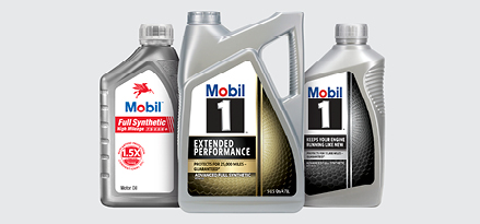 The image shows three bottles standing next to each other, the first one is of Mobil Full Synthetic High Mileage, the second one of Mobil 1 Extended Performance, and the third one of Mobil 1