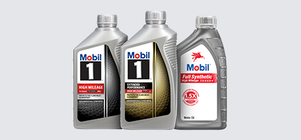 The image shows three bottles of High Mileage motor oils, the first one is Mobil 1 High Mileage, the second one of Mobil 1 Extended Performance High Mileage, and the third one of Mobil Full Synthetic High Mileage