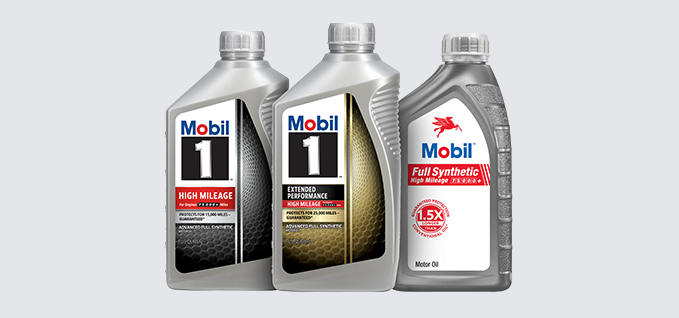 The image shows three bottles of High Mileage motor oils, the first one is Mobil 1 High Mileage, the second one of Mobil 1 Extended Performance High Mileage, and the third one of Mobil Full Synthetic High Mileage