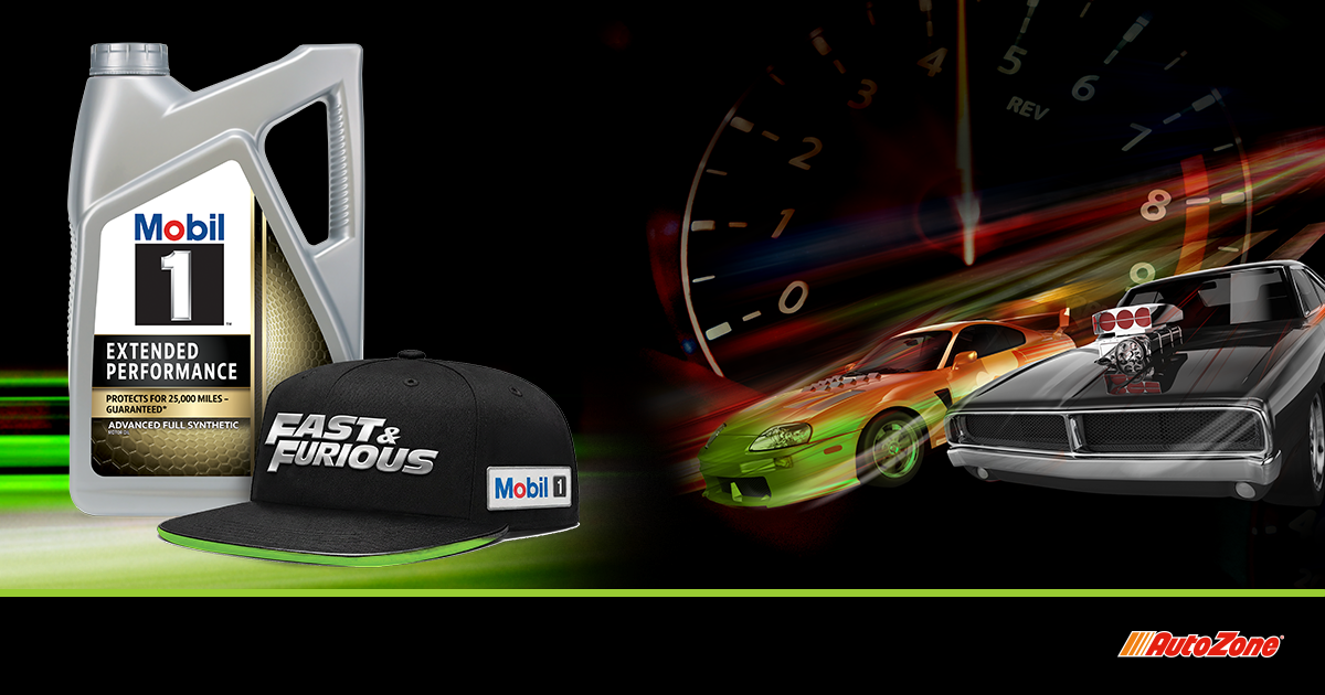 Mobil 1 extended performance bottle and a Fast & Furious hat are on the left and two Fast & Furious vehicles and a speedometer are on the right