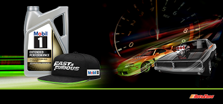 Mobil 1 extended performance bottle and a Fast & Furious hat are on the left and two Fast & Furious vehicles and a speedometer are on the right