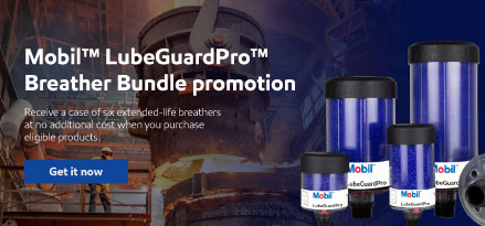 Banner promoting Mobil™ LubeGuardPro™ breathers with industrial background, product images, and a “Get it now” button