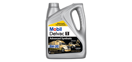 Mobil Delvac 1 Advanced Synthetic 5W-30 diesel engine oil, 1-gallon container.
