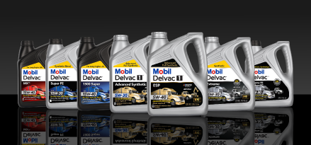 Mobil Delvac heavy-duty diesel engine oil product lineup in various formulations and viscosities.