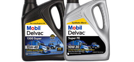 Mobil Delvac 1300 Super and Mobil Delvac Super FE engine oil containers
