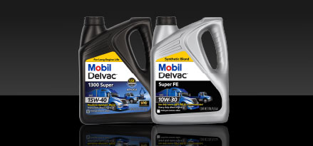 Mobil Delvac 1300 Super and Mobil Delvac Super FE engine oil containers.