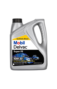 Mobil Delvac Super FE 10W-30 synthetic blend diesel engine oil, 1-gallon container.