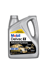 Mobil Delvac 1 Advanced Synthetic 5W-30 diesel engine oil, 1-gallon container.