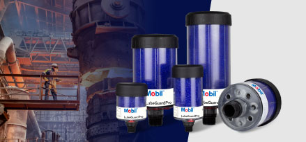 Mobil LubeGuardPro industrial filters displayed in multiple sizes against an industrial facility background.