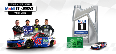 A “When We Win You Win” logo with Mobil 1 and 23XI Racing logos appears at the top on a light background with a subtle checkered pattern. Four NASCAR team members stand behind the No. 45 race car, with an O’Reilly Auto Parts gift card, Mobil 1 Advanced Clean bottle, and a diecast race car are displayed to the right.