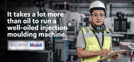 Worker with clipboard inspecting injection molding machines beside text about maintenance and Mobil branding